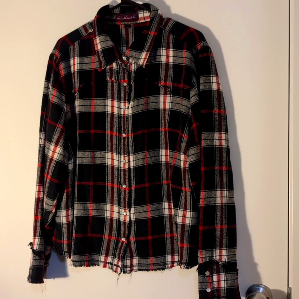 Plaid distressed shirt w pearl buttons 2XL